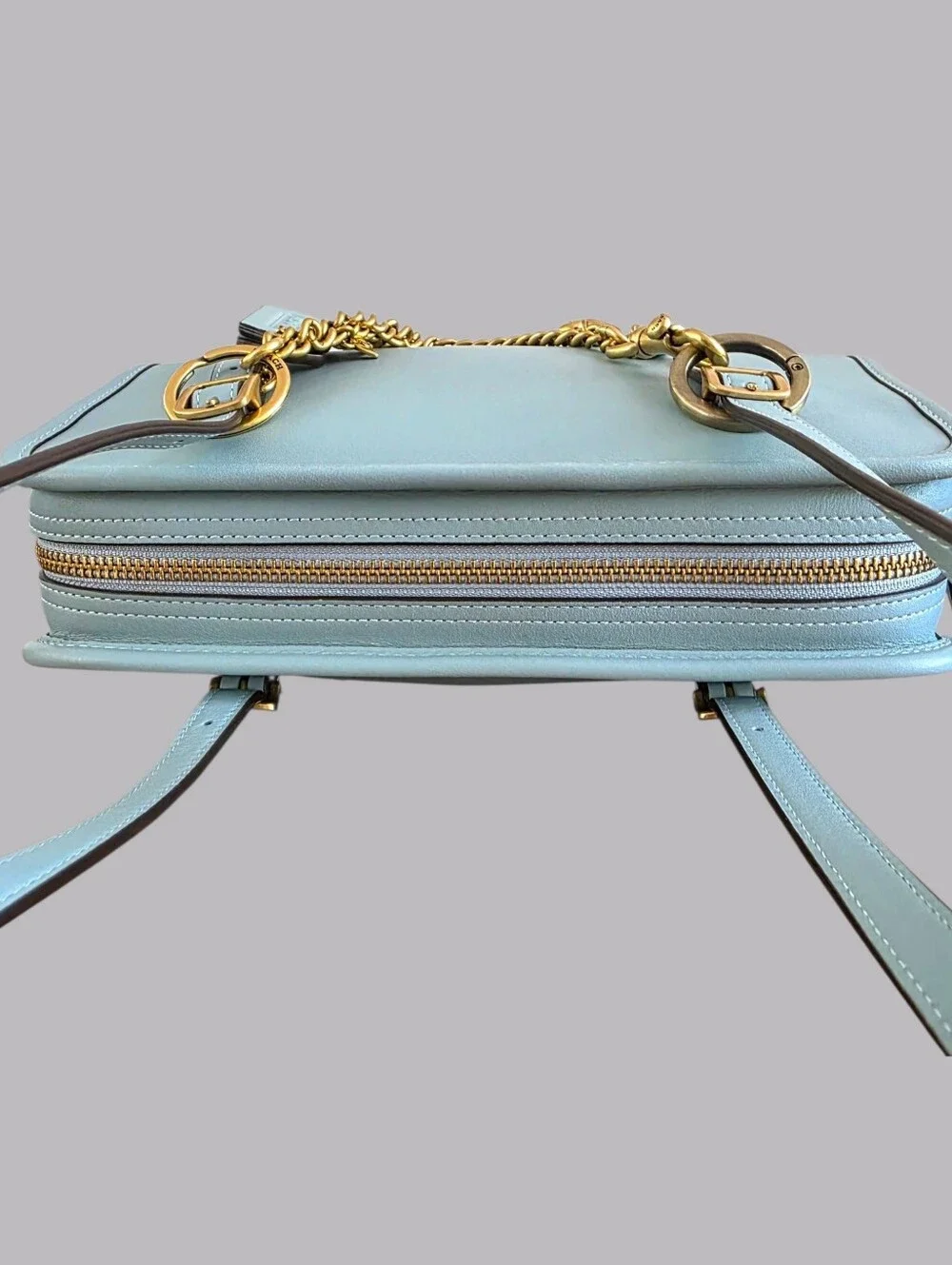 COACH Swing Zip 20 Shoulder Bag in Light Blue Brass NEW